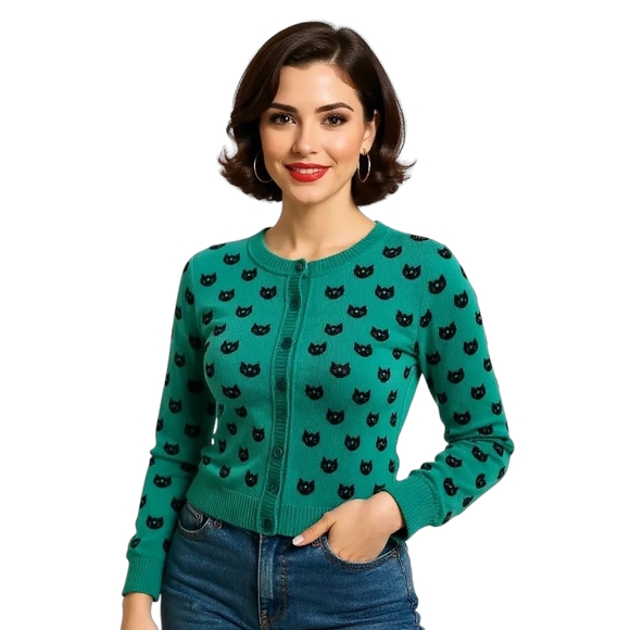 Kitty Round Neck Cat Cardigan Sweater - Picture 4 of 6